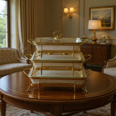 Luxe White & Gold Textured Porcelain Rectangular Chafing Dish – Set of 3 Sizes