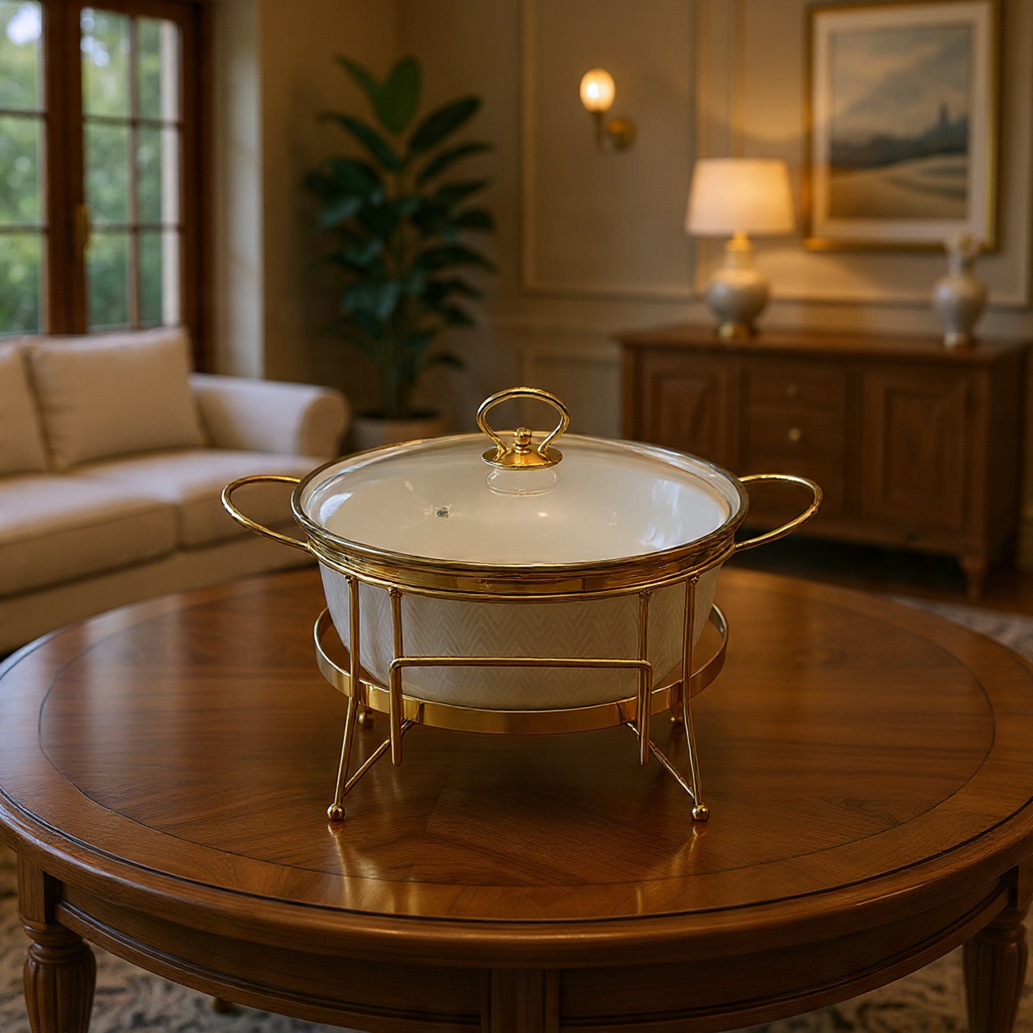 10" Round Porcelain Serving Bowl with Gold Stand & Lid – Elegant Buffet Serving Dish with Handles | Luxury Tableware