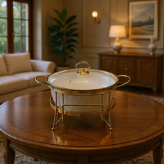 10" Round Porcelain Serving Bowl with Gold Stand & Lid – Elegant Buffet Serving Dish with Handles | Luxury Tableware