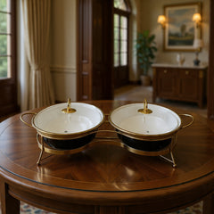 Twin Oval Porcelain Serving Dish Set with Gold Stand – 12" Double Buffet Server with Handles | Elegant Tabletop Food Warmer & Serving Bowl Set