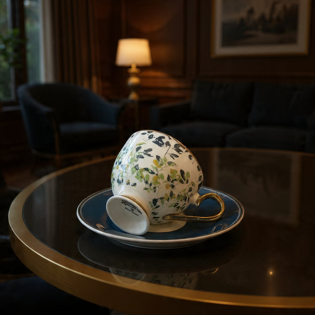 Premium 12-Piece Botanical Cups & Saucers Set — Fresh Blue & Green Leaf Johnson Bros inspired Design