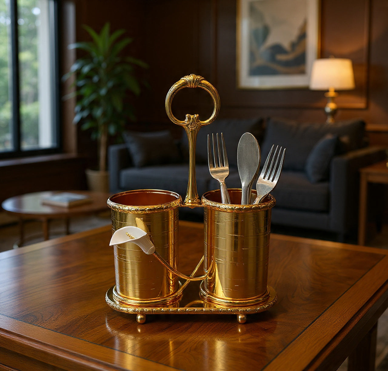 Luxury Gold-Plated Double Spoon Holder with Handle