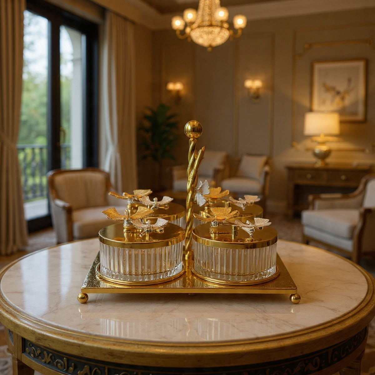 Luxury Gold 4-Compartment Dry Fruit & Candy Serving Set with Silver Detailing – Elegant Table Centerpiece (Copy)