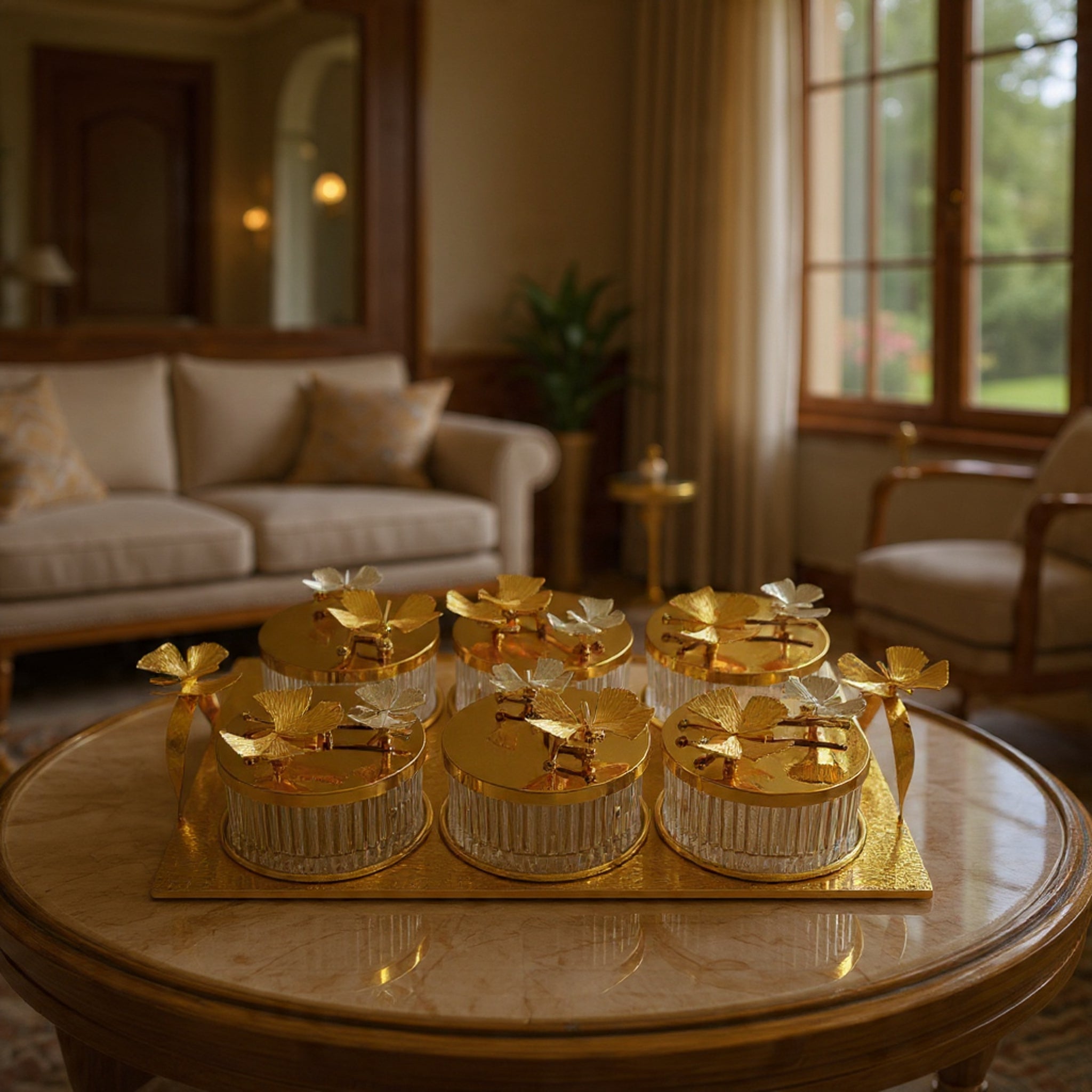 Luxury Gold 6-Compartment Dry Fruit & Candy Serving Set with Silver Detailing – Elegant Table Centerpiece