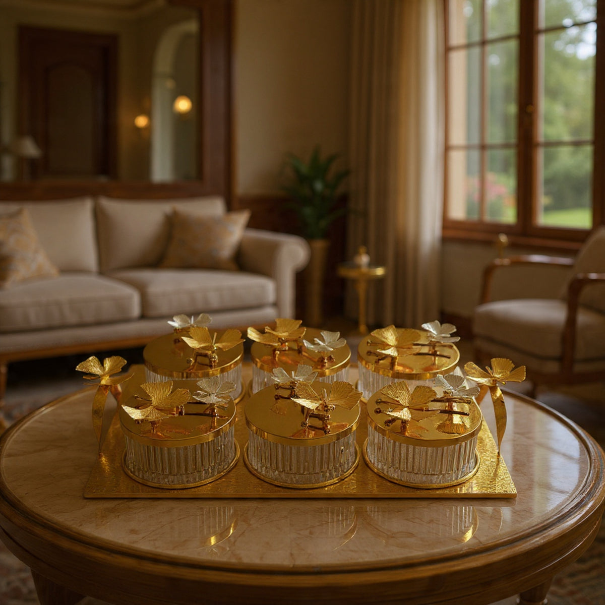Luxury Gold 6-Compartment Dry Fruit & Candy Serving Set with Silver Detailing – Elegant Table Centerpiece