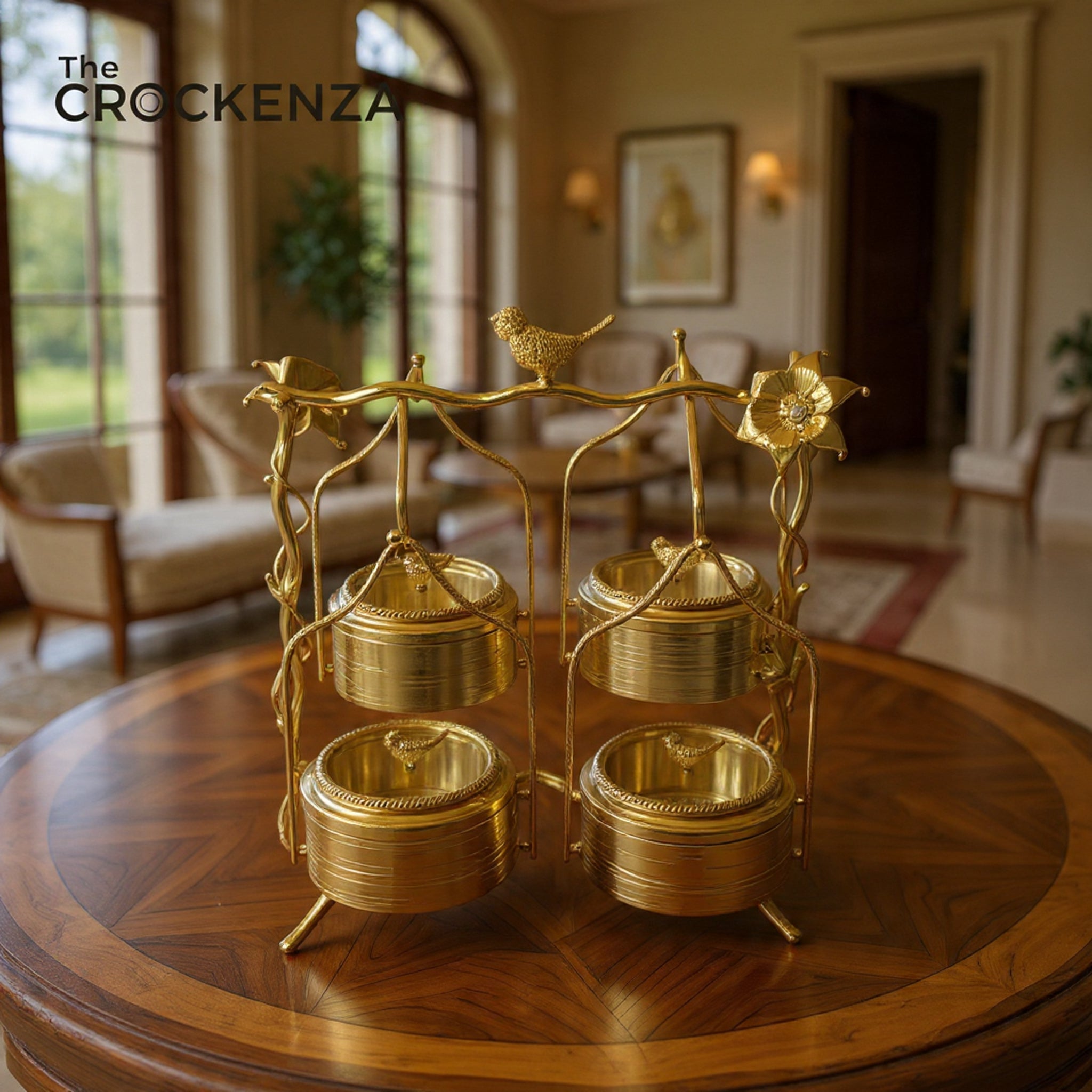 Luxury 4 Partition Swing style Dry Fruit Serving Set with Decorative Stand – Premium Metal Snack Organizer