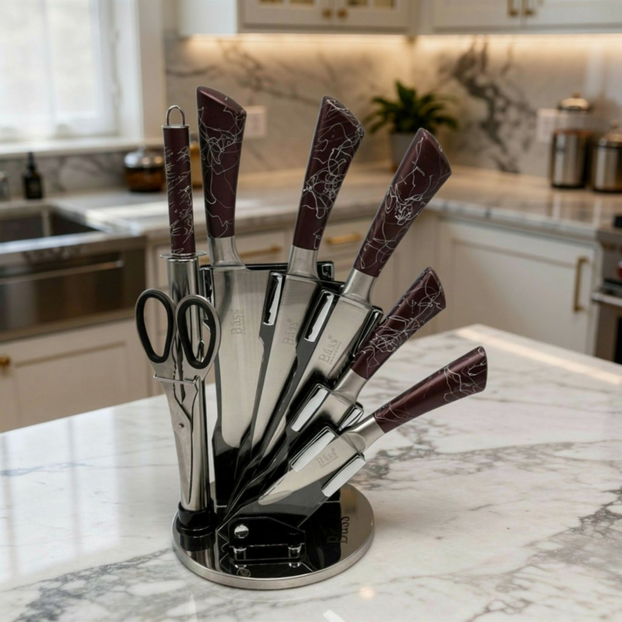 Cut Like a Pro: The Bass 8-Piece Elite Stainless Steel Knife Set with 360° Rotating Carousel