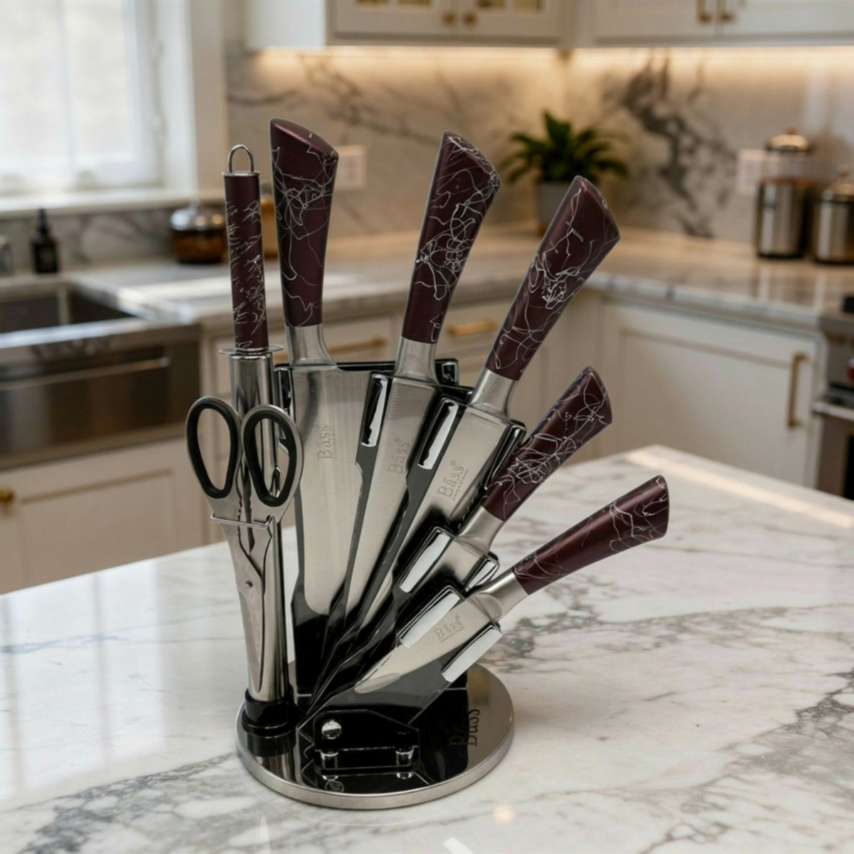 Cut Like a Pro: The Bass 8-Piece Elite Stainless Steel Knife Set with 360° Rotating Carousel