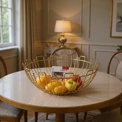 Geometric Gold Wire Fruit Basket with Wooden Base - Modern Kitchen Countertop Storage & Luxury Table Centerpiece