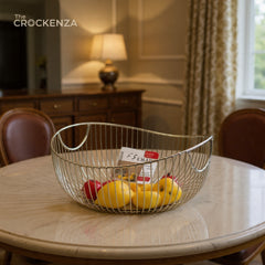 The Crockenza Geometric Crown Gold Fruit Basket – Luxury All-Metal Wire Produce Bowl with Solid Base