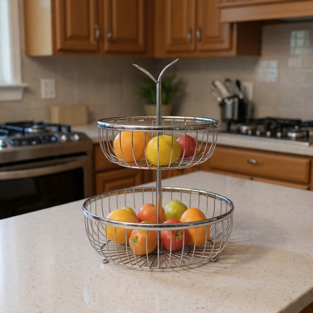 2-Tier Stainless Steel Fruit & Vegetable Basket – Space-Saving Wire Storage Stand for Kitchen Countertop