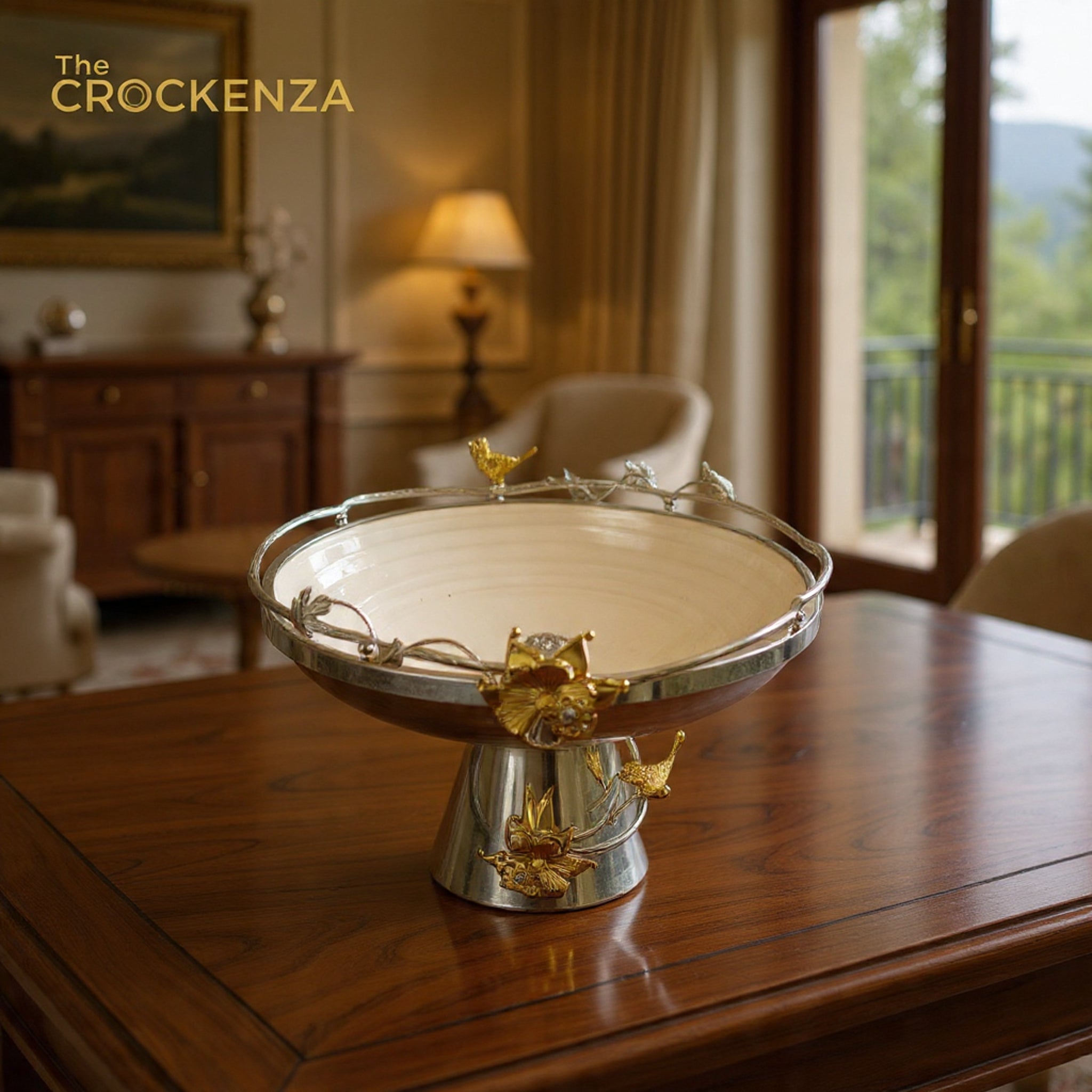 Luxury Silver Pedestal Fruit Bowl with Decorative Bird & Floral Accents