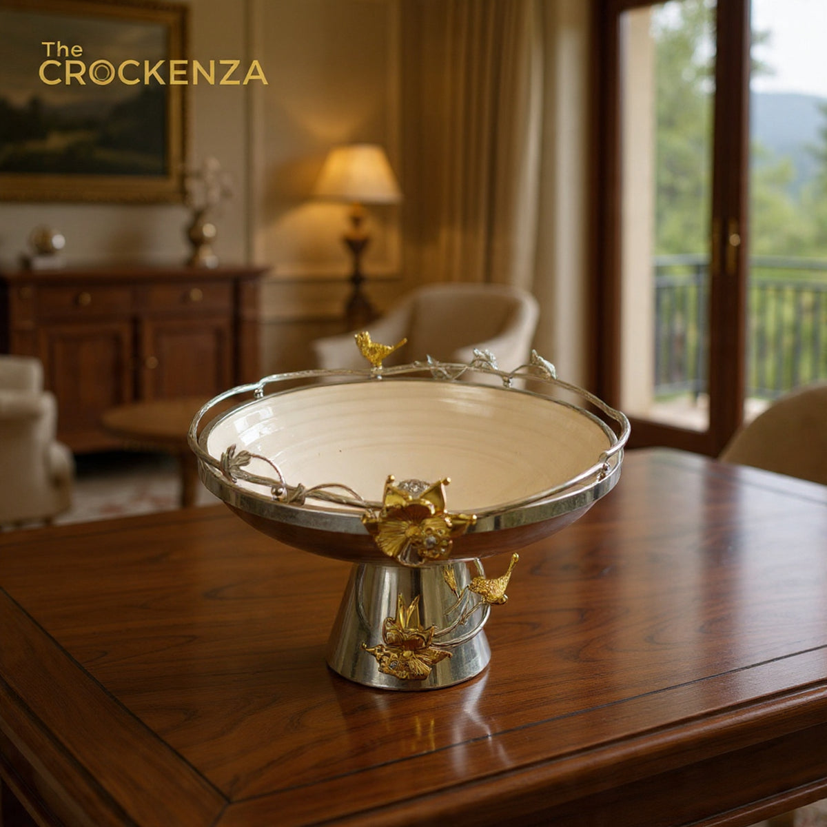 Luxury Silver Pedestal Fruit Bowl with Decorative Bird & Floral Accents