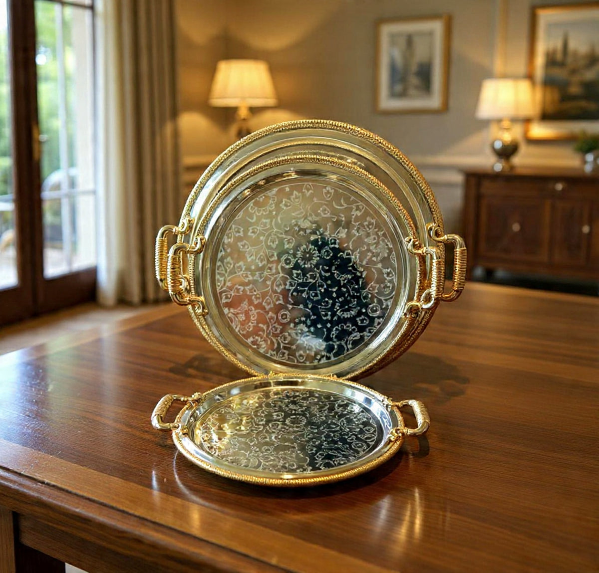 Luxury 3 Pcs Stainless Steel Round Serving Tray Set – Mirror Polish Finish with Gold Handles
