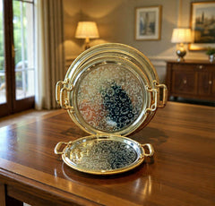 Luxury 3 Pcs Stainless Steel Round Serving Tray Set – Mirror Polish Finish with Gold Handles