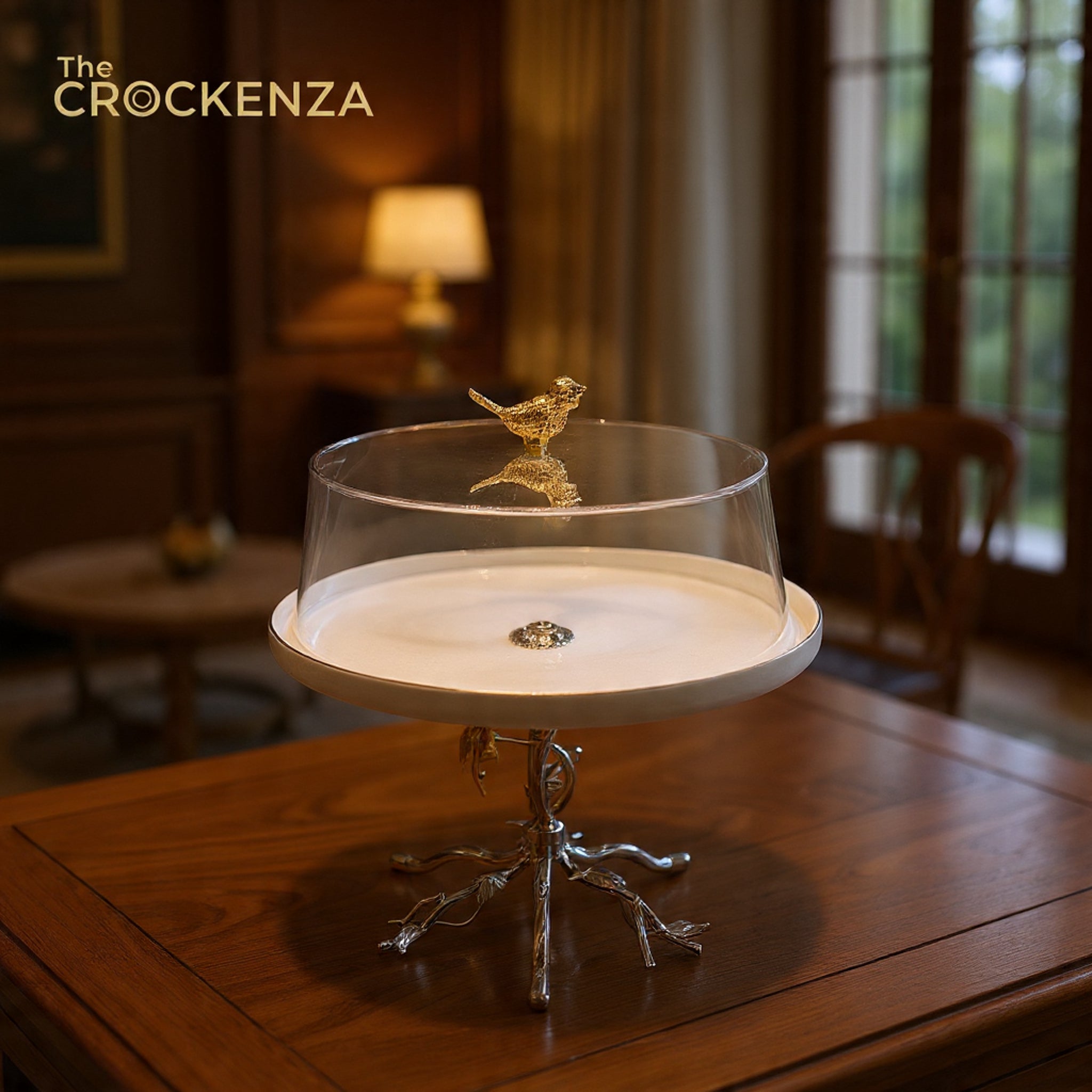Luxury Acrylic Dome Cake Stand with Gold Bird Handle | Elegant Dessert Display Tray