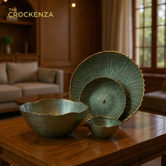 Elegant 14-Piece Textured Fruit & Cake Set – Deep Metallic Green with Gold Accents