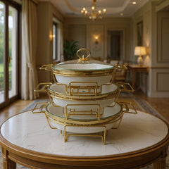 3-Piece Textured Buffet Servers Set with Gold Stand & Glass Lids – Elegant Oval Chafing Dishes for Dawat, Parties,