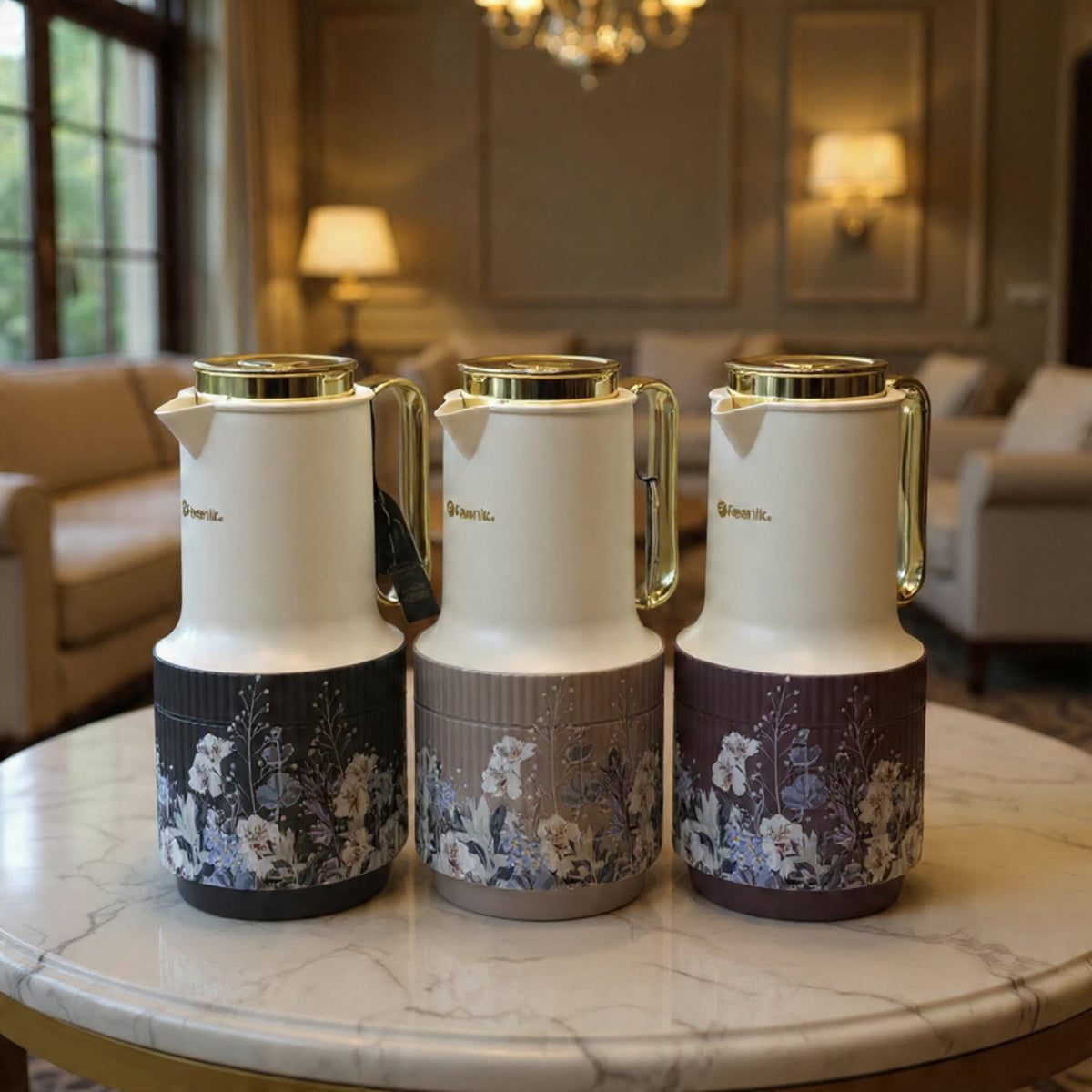 Premium FEENIK Floral Vacuum Flask Thermos – Luxury Gold Lid & Handle Insulated Tea / Coffee Jug (1L)