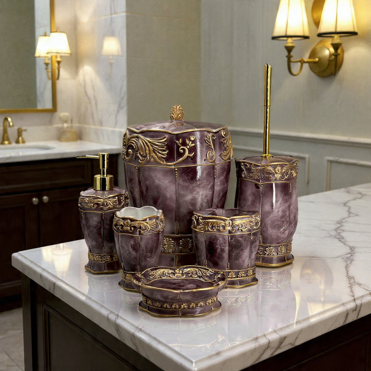 The Sovereign Amethyst Ensemble: 6-Piece Hand-Finished Marbled Resin Suite with Ornate Gilded Filigree