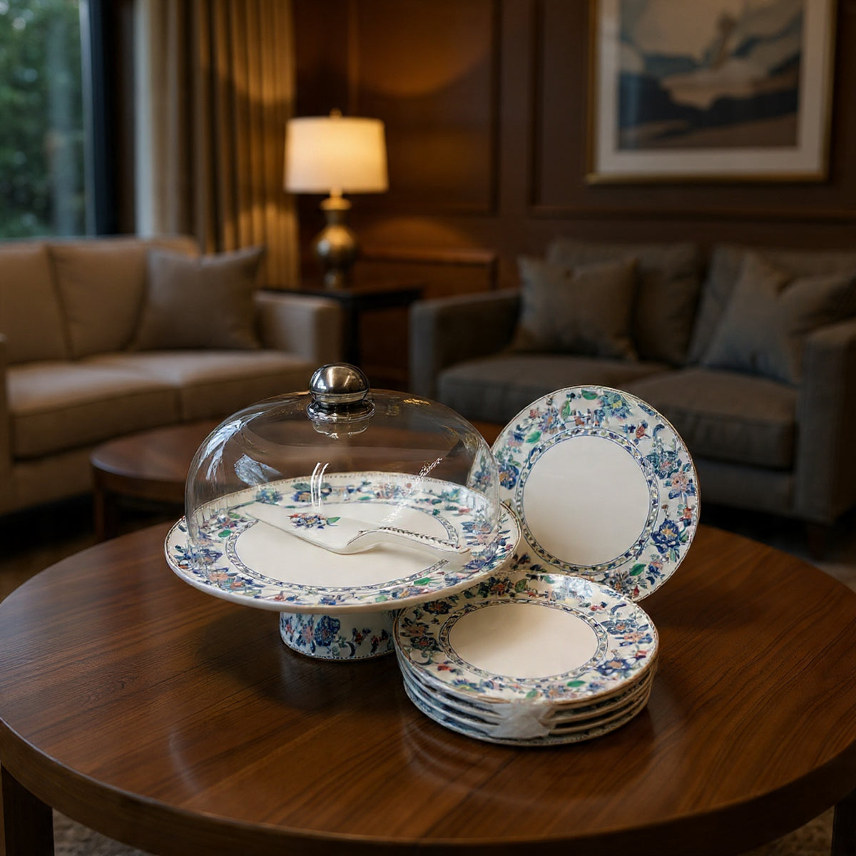 Royal Albert–Inspired 9-Pcs Bone China Cake Set | Floral Elegance with Dome