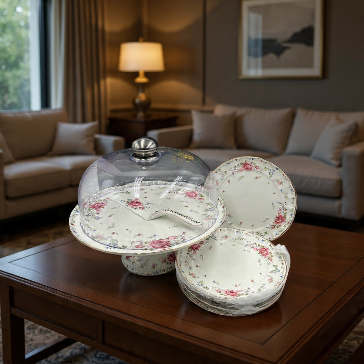 Royal Albert–Inspired 9-Pcs Bone China Cake Set | Floral Elegance with Dome