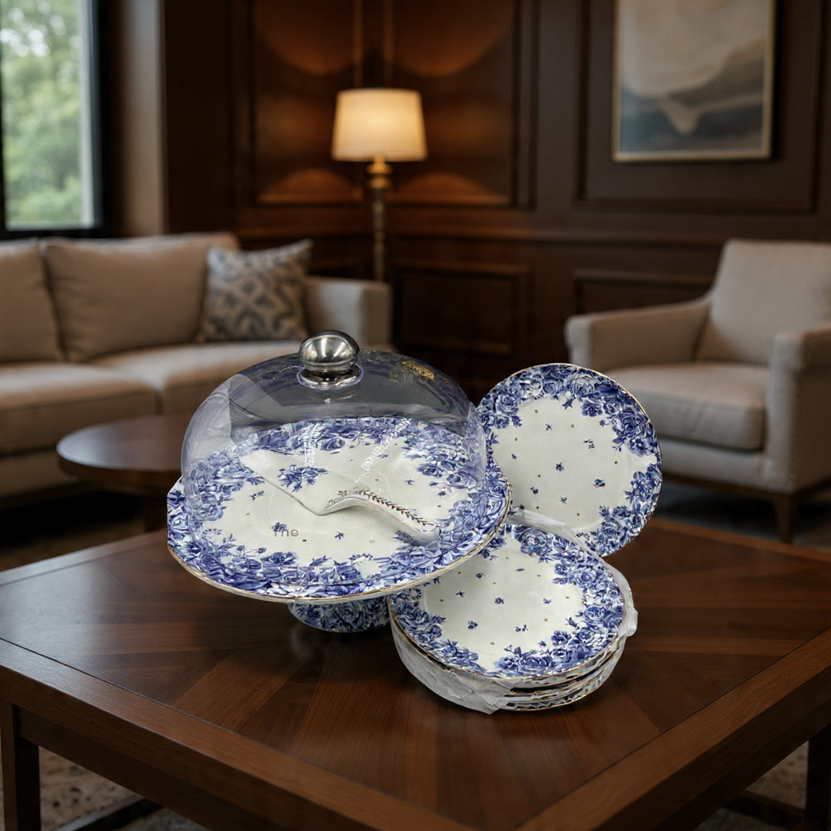 Royal Albert–Inspired 9-Pcs Bone China Cake Set | Floral Elegance with Dome
