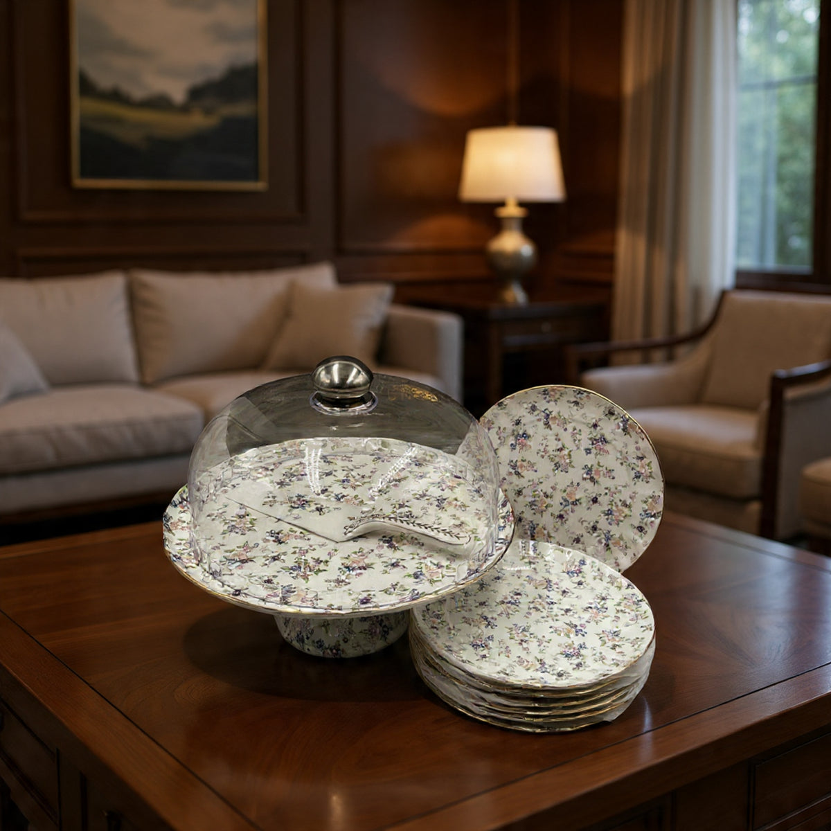 Royal Albert–Inspired 9-Pcs Bone China Cake Set | Floral Elegance with Dome