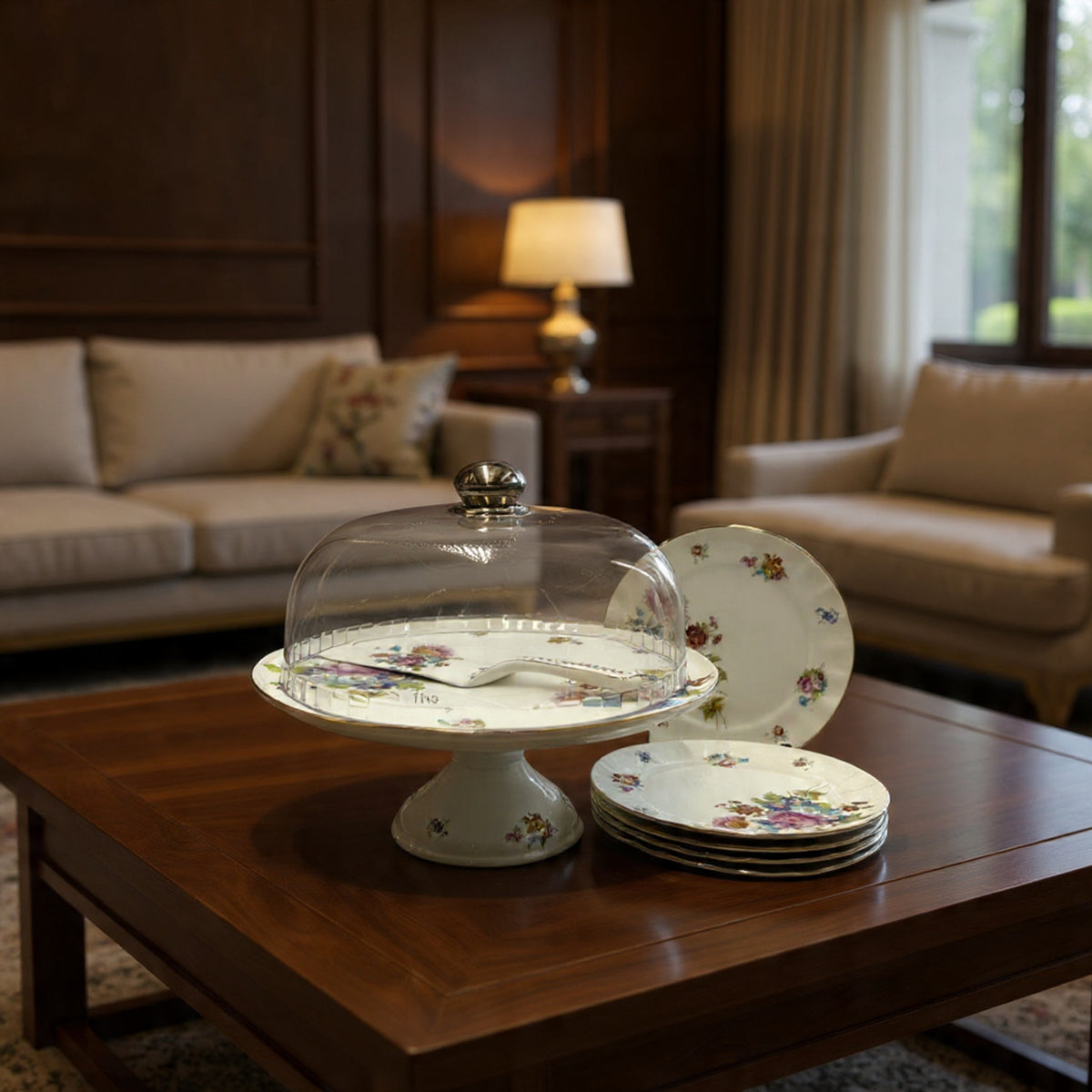 Royal Albert–Inspired 9-Pcs Bone China Cake Set | Floral Elegance with Dome