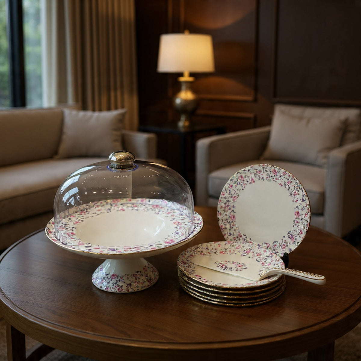 Royal Albert–Inspired 9-Pcs Bone China Cake Set | Floral Elegance with Dome
