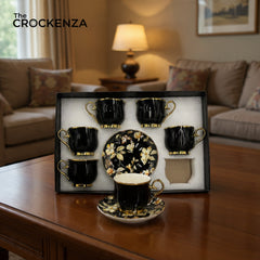 Luxury Black & Gold Cup & Saucer Set | Imported Floral Tea & Coffee Cups