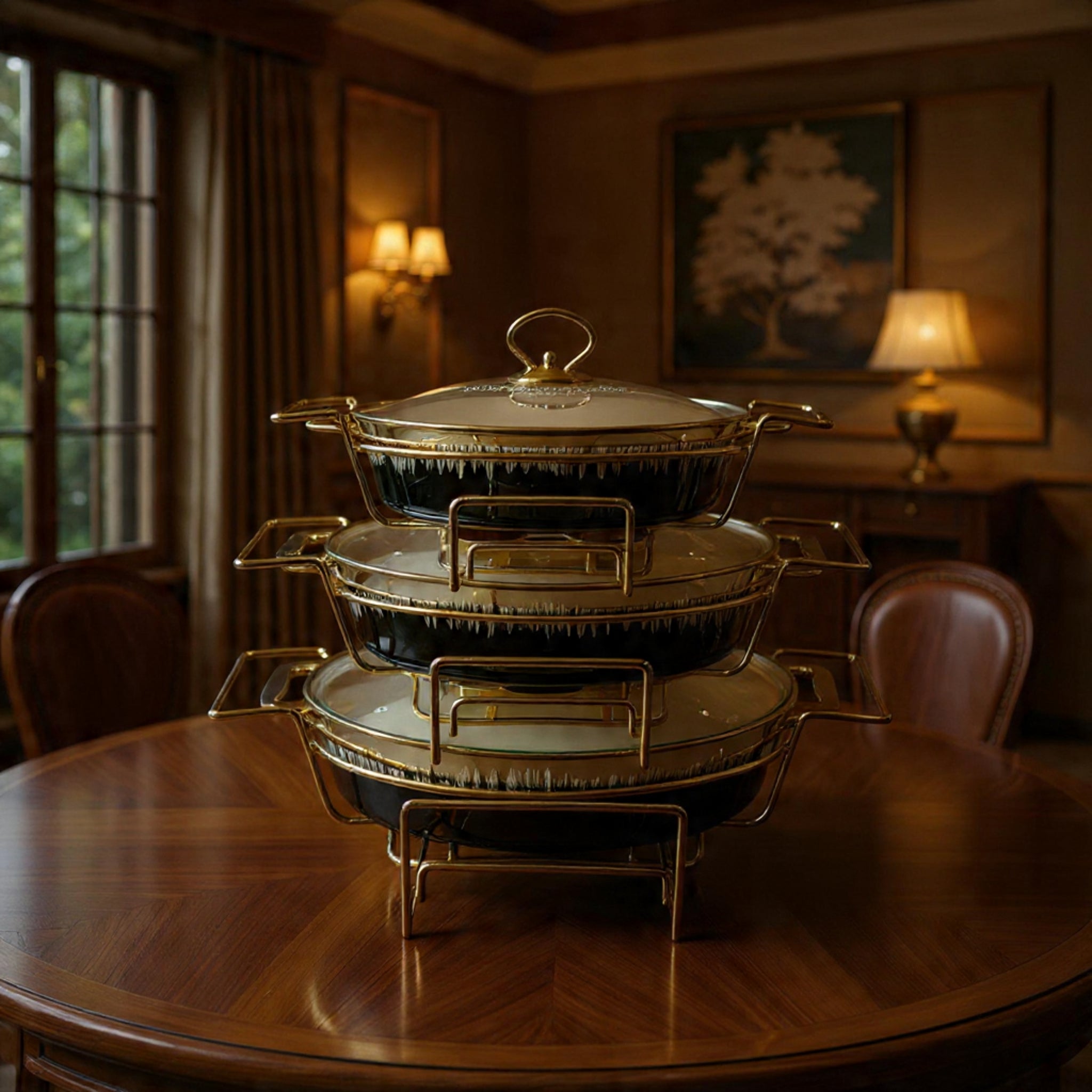 Regal Gold-Trimmed Oval Chafing Dish – Premium Black Ceramic Buffet Warmer Set