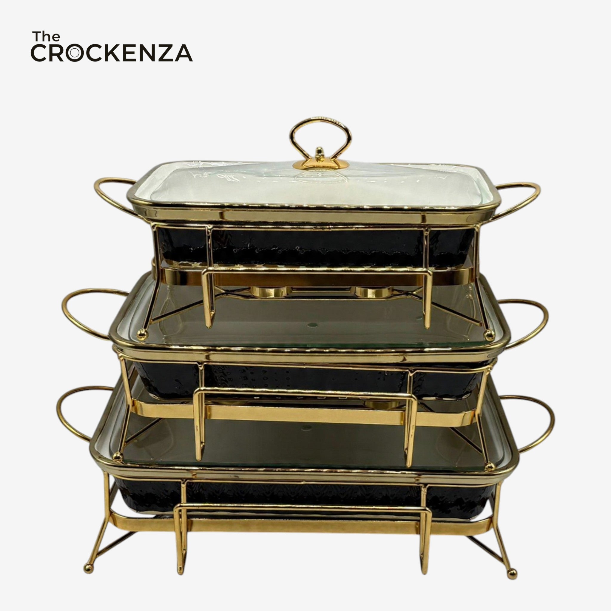 Modern Luxe Black & Gold Rectangular Food Warmer Set – 3-Piece textured Buffet Servers