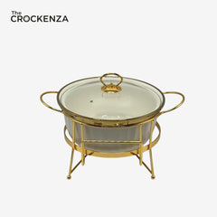 10" Round Porcelain Serving Bowl with Gold Stand & Lid – Elegant Buffet Serving Dish with Handles | Luxury Tableware