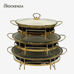 Modern Luxe Black & Gold Oval Food Warmer Set – 3-Piece textured Buffet Servers