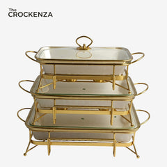 Luxe White & Gold Textured Porcelain Rectangular Chafing Dish – Set of 3 Sizes