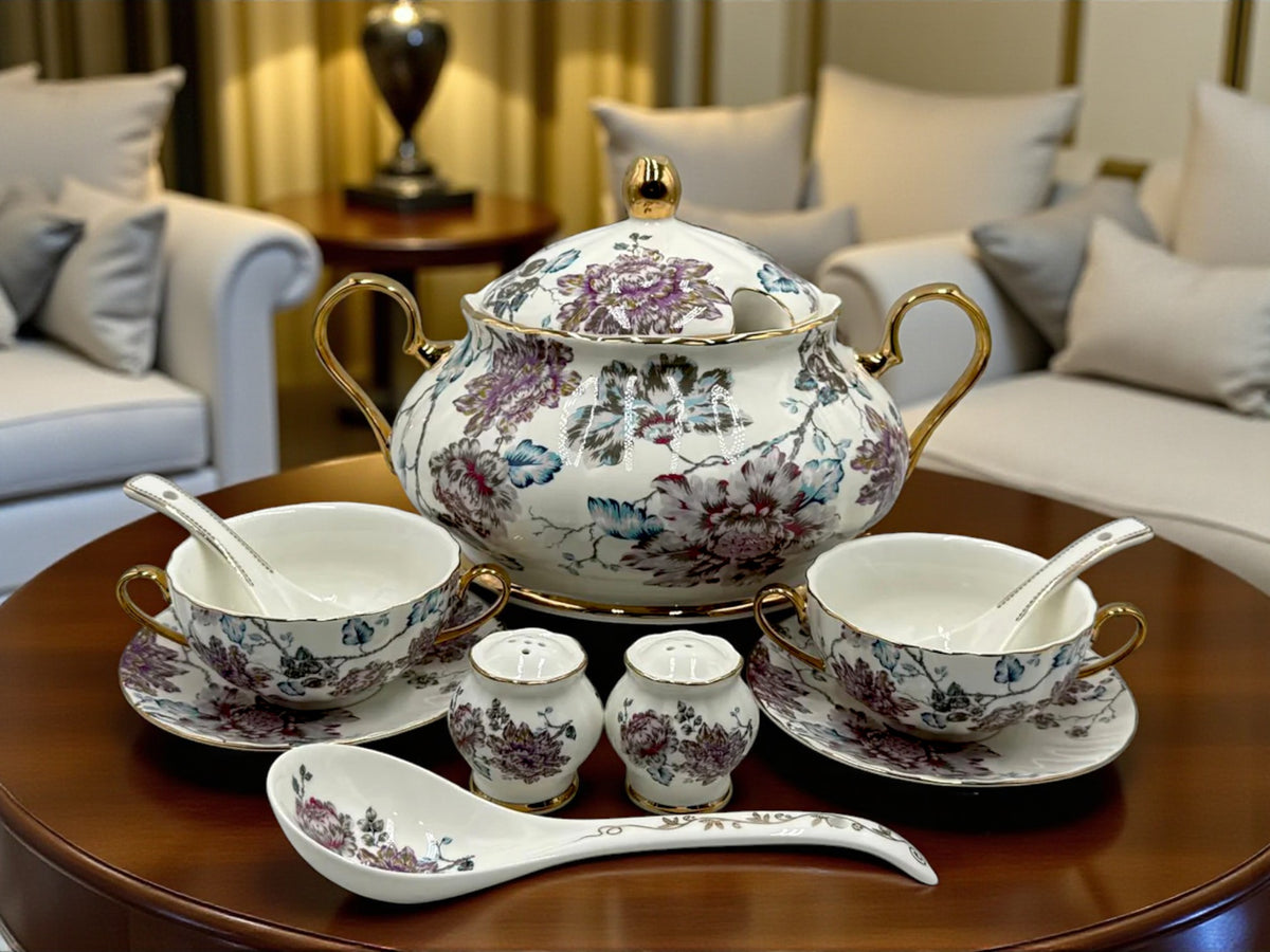 Imperial Bloom – 23 Pcs Royal Soup Set with Golden Elegance | Inspired by Royal Albert