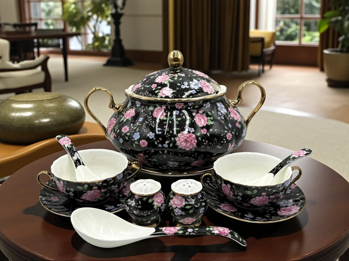 Midnight Bloom – 23 Pcs Royal Soup Set with Golden Elegance | Inspired by Royal Albert