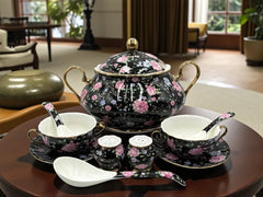 Midnight Bloom – 23 Pcs Royal Soup Set with Golden Elegance | Inspired by Royal Albert