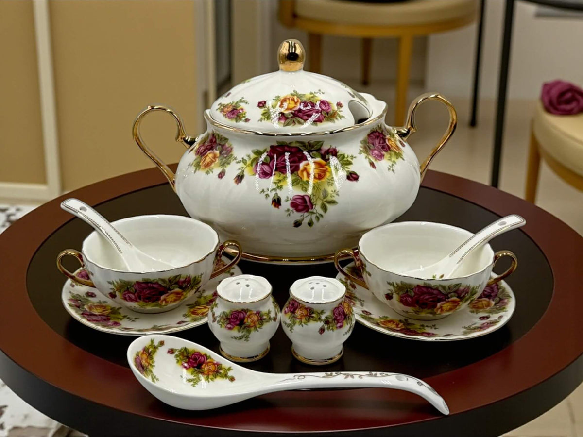 Royal Charm – 23 Pcs Luxury Soup Set | Vintage Florals with Golden Accents – Inspired by Royal Albert