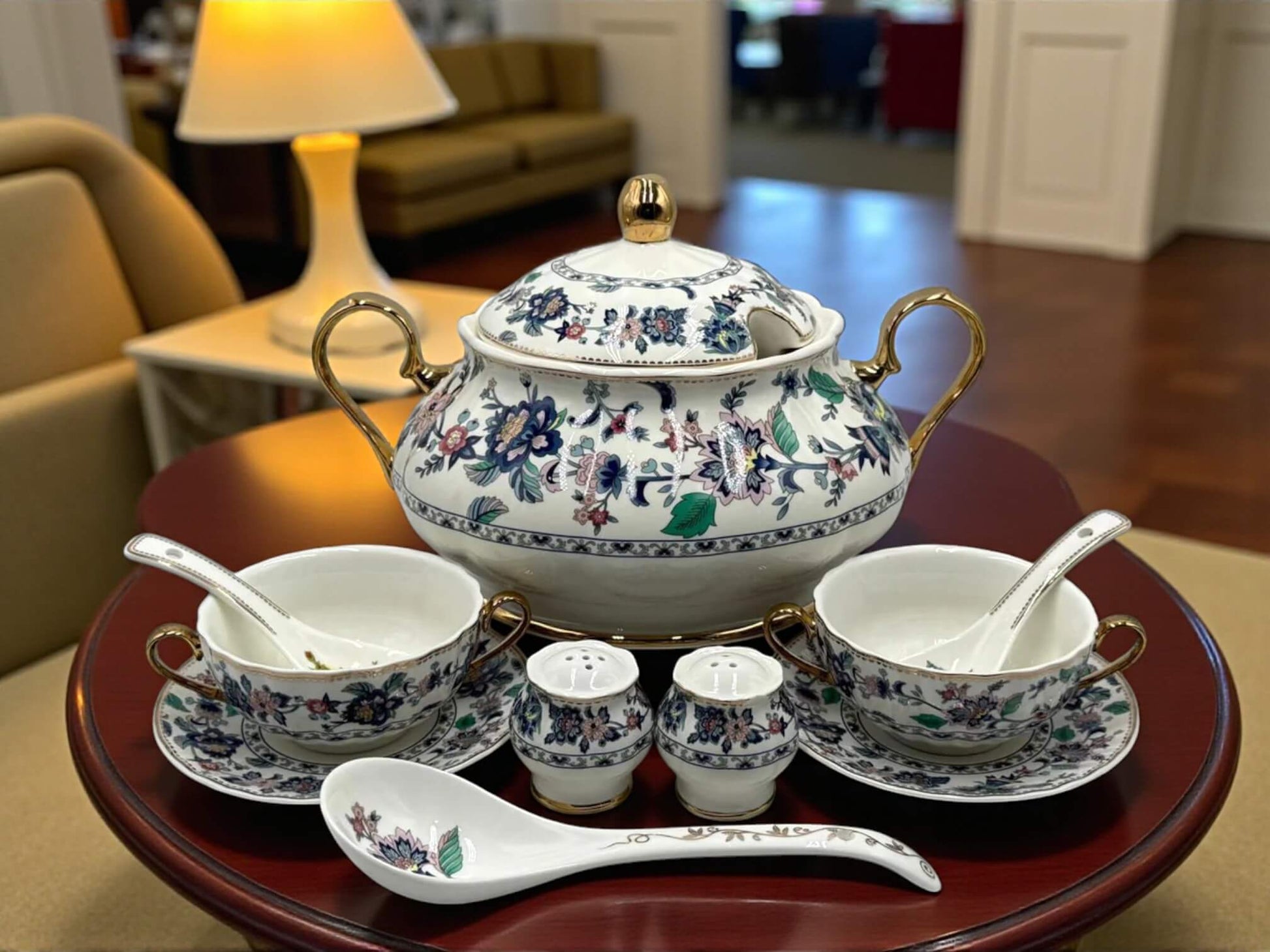 Secret Garden – 23 Pcs Evergreen Floral Soup Set with Golden Accents | Inspired by Royal Albert