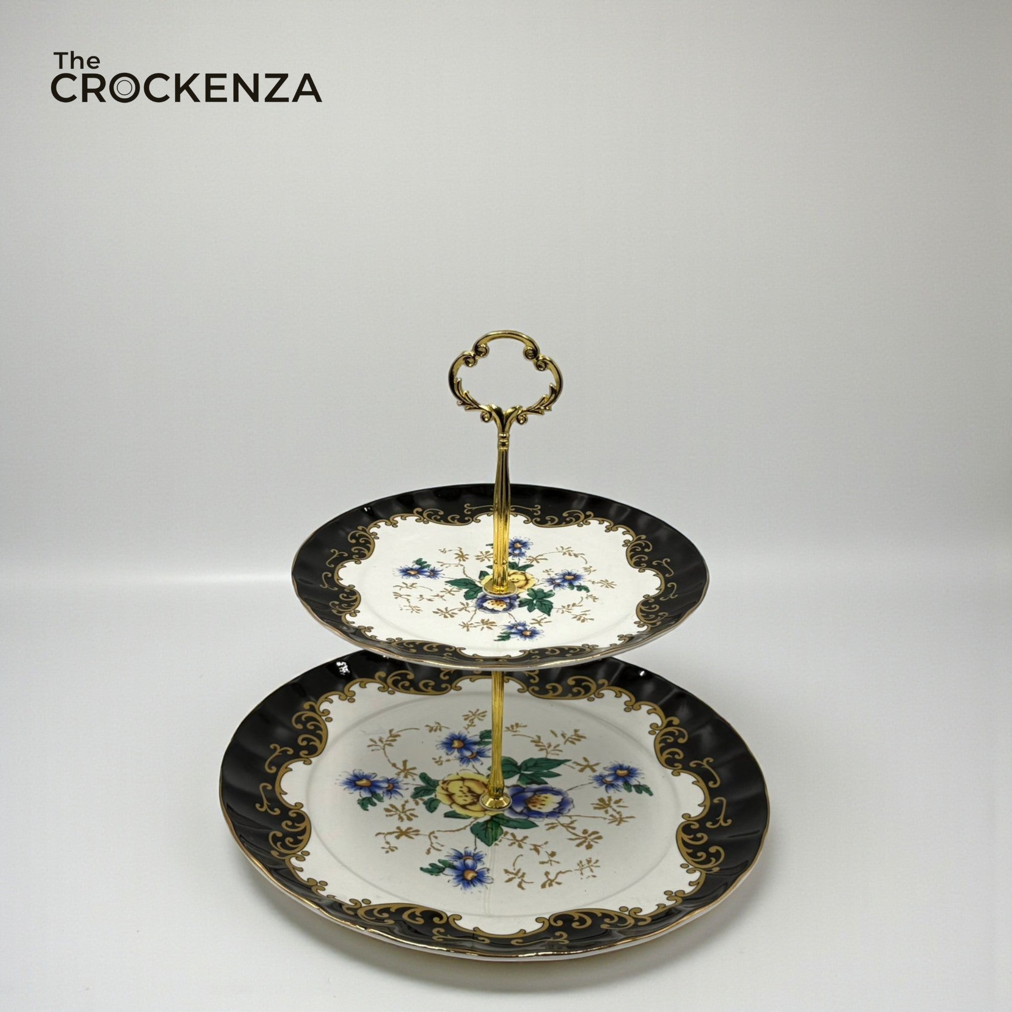 Royal Albert-Inspired 2-Tier Bone China Pastry Stand – Elegant Floral Design with Gold Handle