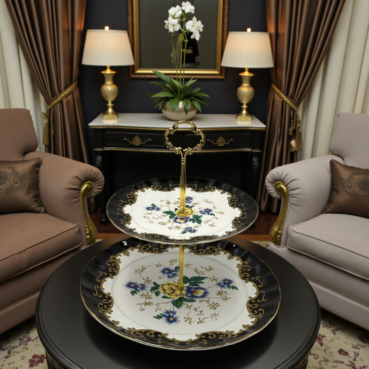 Royal Albert-Inspired 2-Tier Bone China Pastry Stand – Elegant Floral Design with Gold Handle