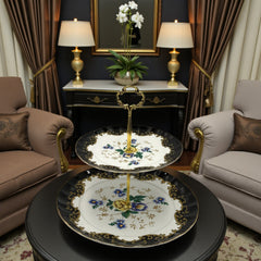 Royal Albert-Inspired 2-Tier Bone China Pastry Stand – Elegant Floral Design with Gold Handle