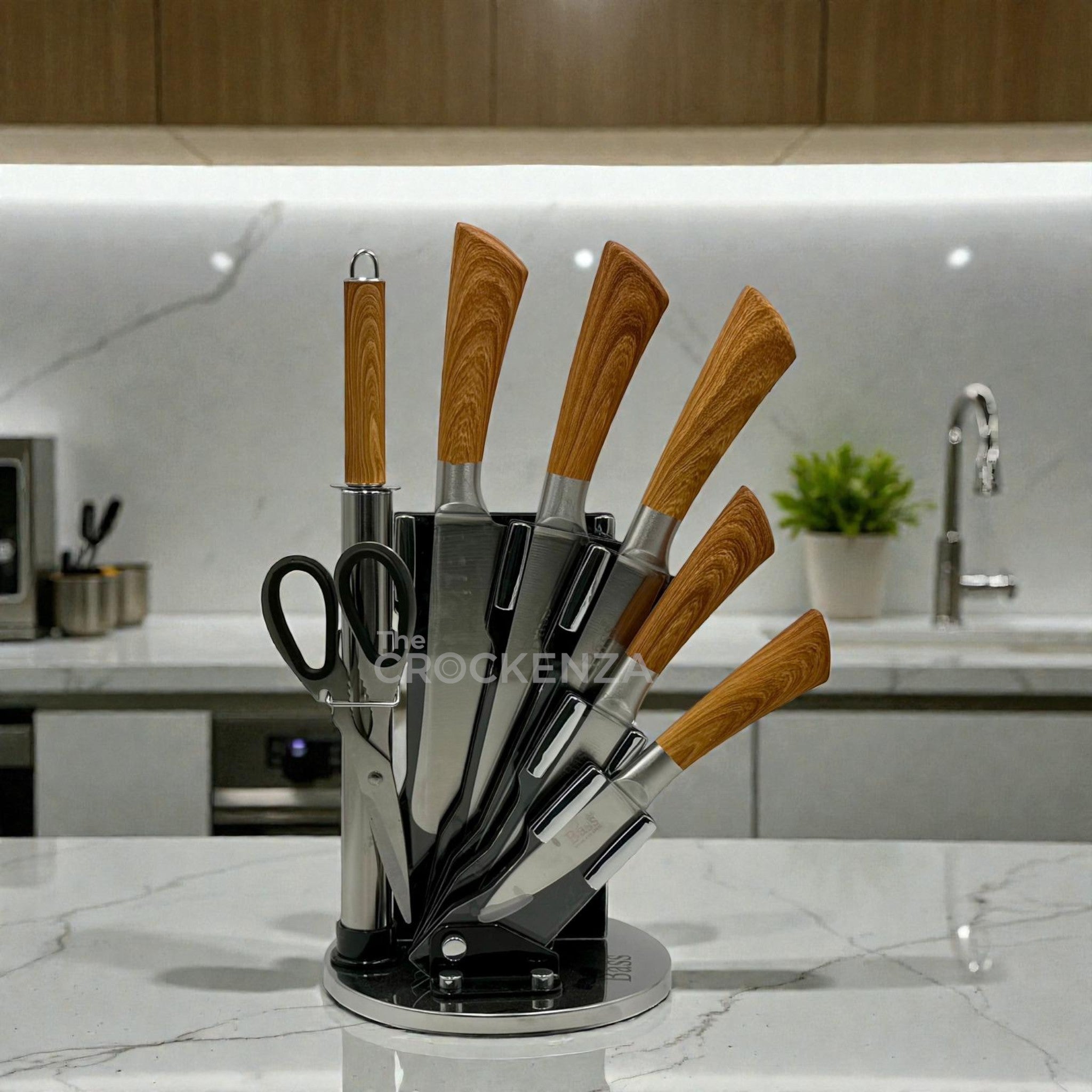 Bass Elite 8-Piece Stainless Steel Knife Collection with Rotating Carousel
