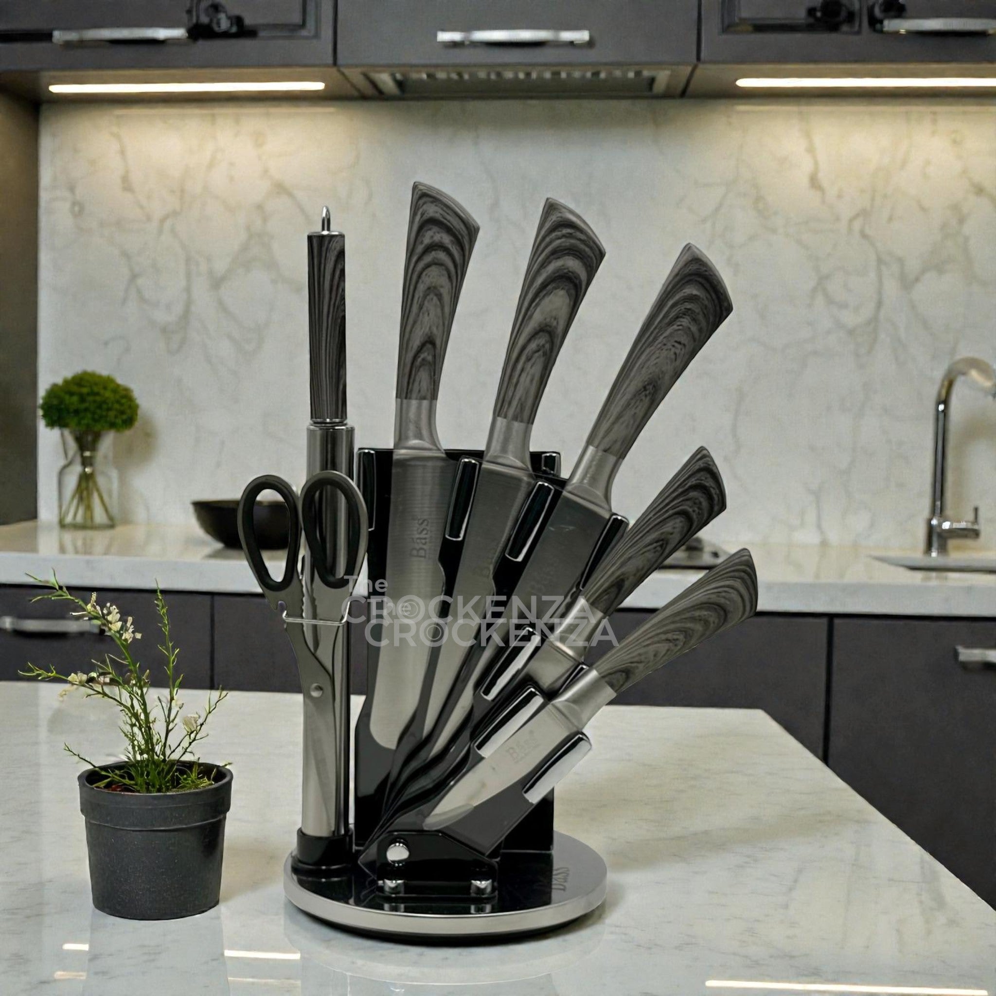 BASS 8-Piece Stainless Steel Kitchen Knife Set with Rotating Stand, Scissors & Sharpener