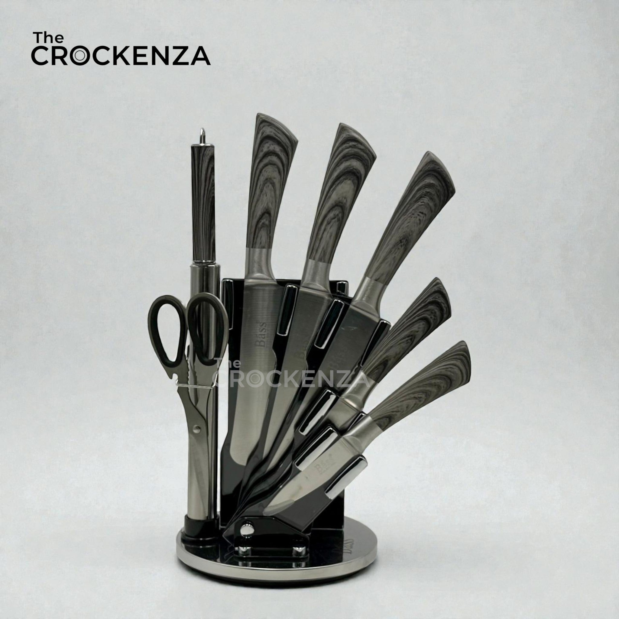 BASS 8-Piece Stainless Steel Kitchen Knife Set with Rotating Stand, Scissors & Sharpener