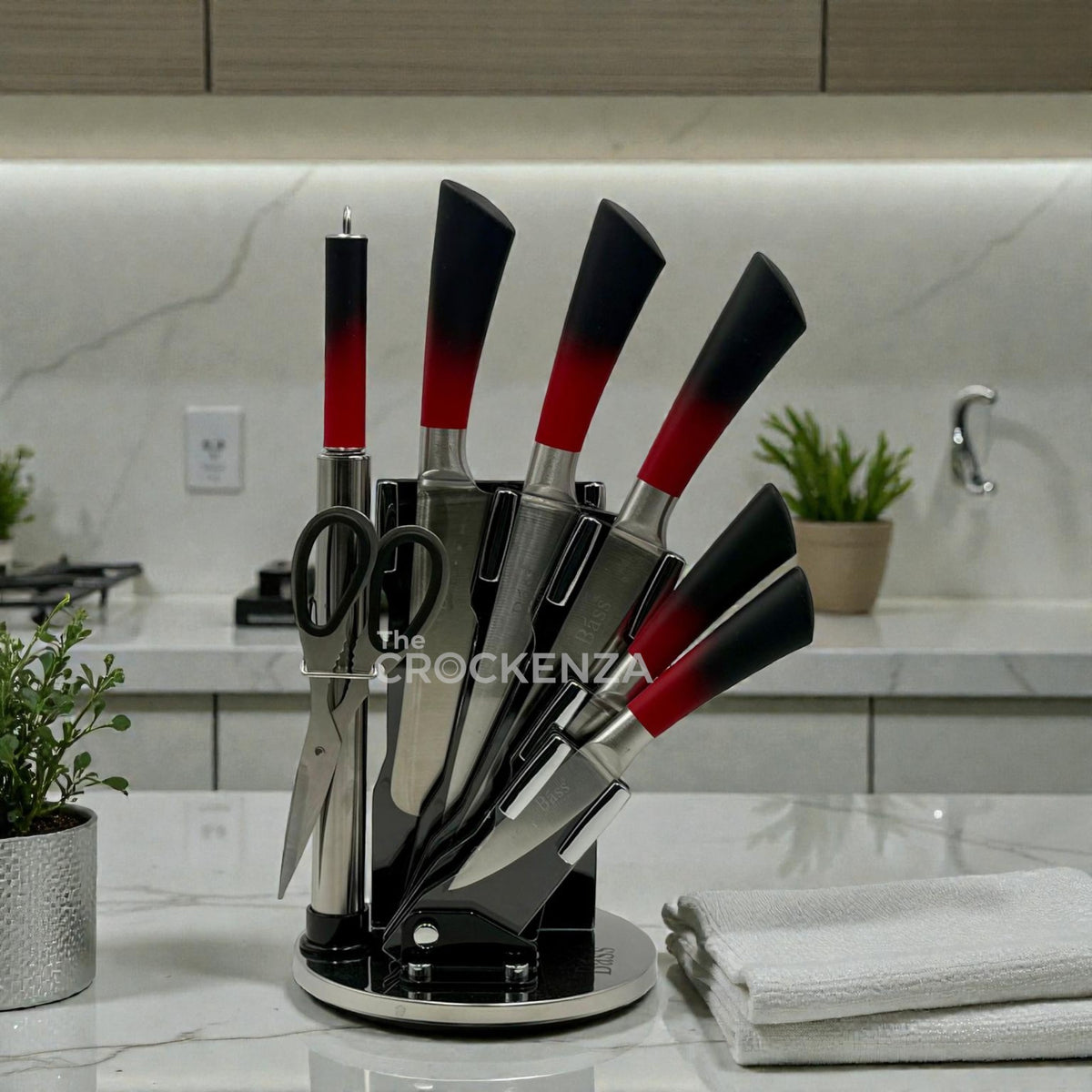 BASS 8-Piece Stainless Steel Kitchen Knife Set with Rotating Stand, Scissors & Sharpener