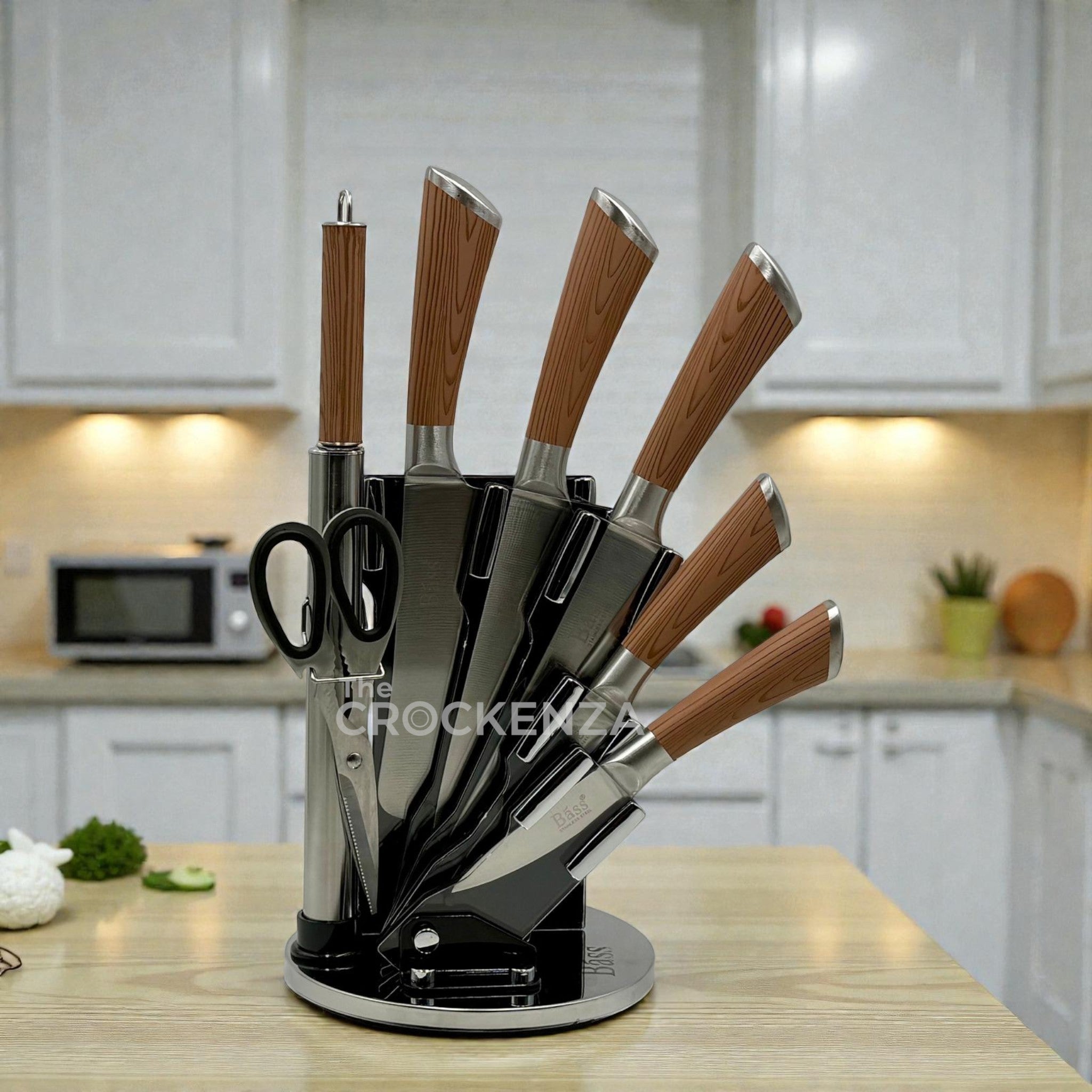 Cut Like a Pro: The Bass 8-Piece Elite Stainless Steel Knife Set with 360° Rotating Carousel