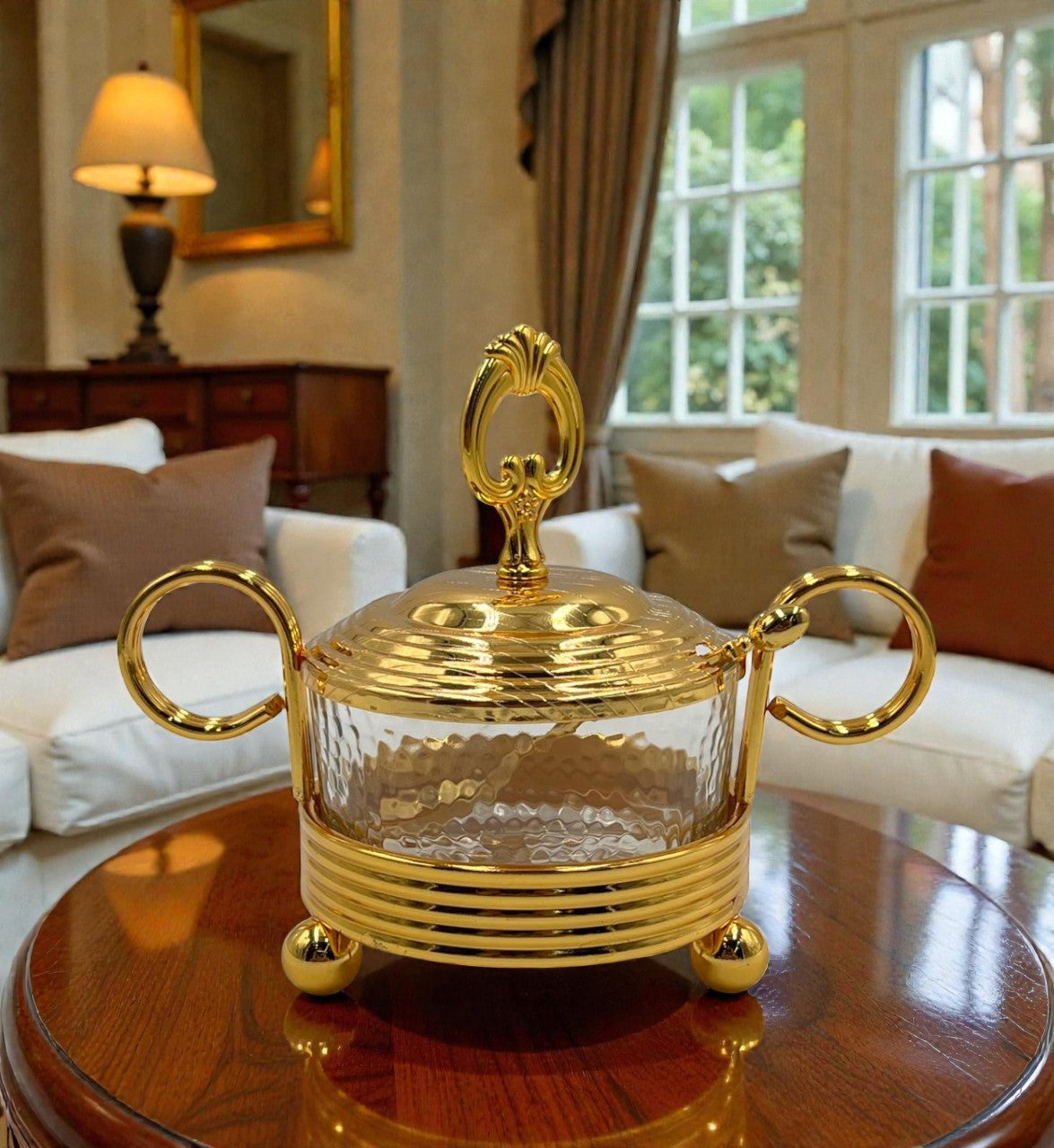 Luxury Gold Hammered Glass Sugar Pot with Lid – Elegant Decorative Serving Jar